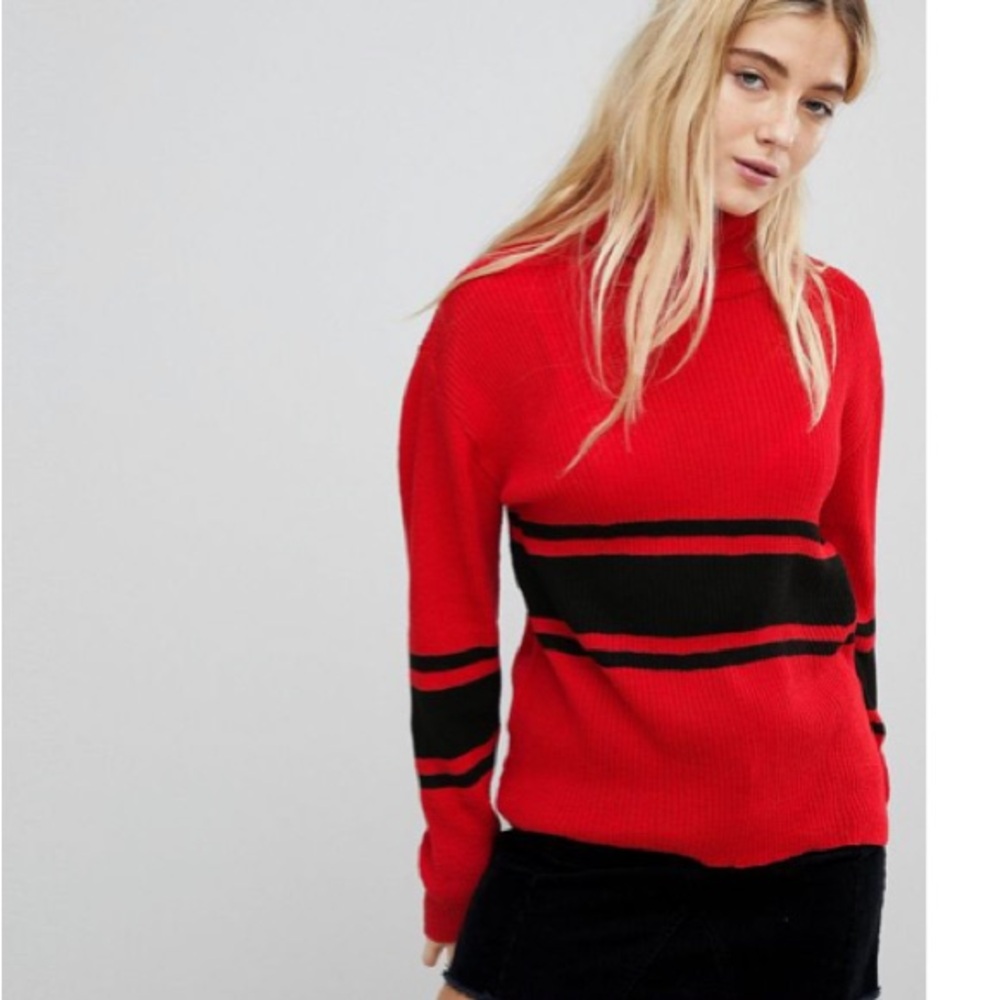 Elegant Red and Black Turtleneck Sweater